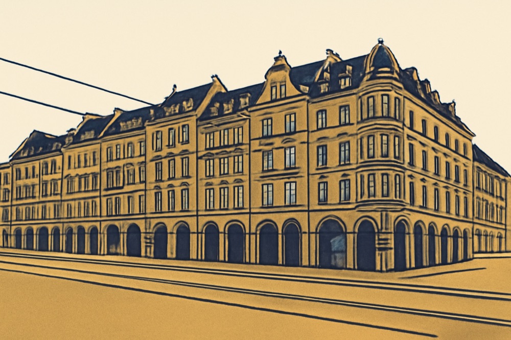 Gründerzeit-Fassaden in Mannheim mit Straßenbahnlinie