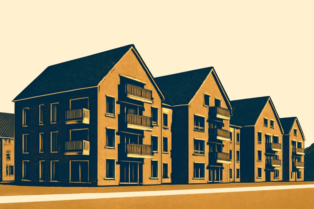 Two-colour linocut of low-rise new-build apartments with pitched roofs and balconies on a coastal street