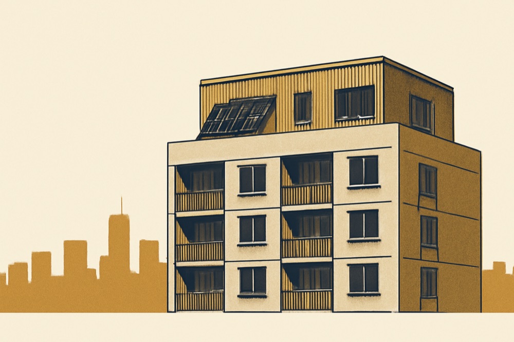 Illustration eines Wohnblocks aus den 1970er Jahren mit Dachaufbau und Solarpanelen