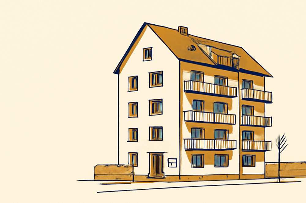 Two‑colour line illustration of a German multi‑storey apartment block with balconies and entrance