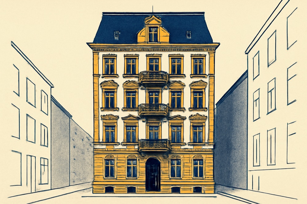Two‑colour architectural illustration of a five‑storey German apartment building with balconies and slate roof