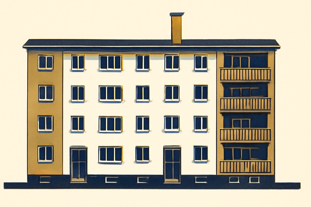 Four‑storey German apartment building facade with balconies and central boiler flue (20 flats).