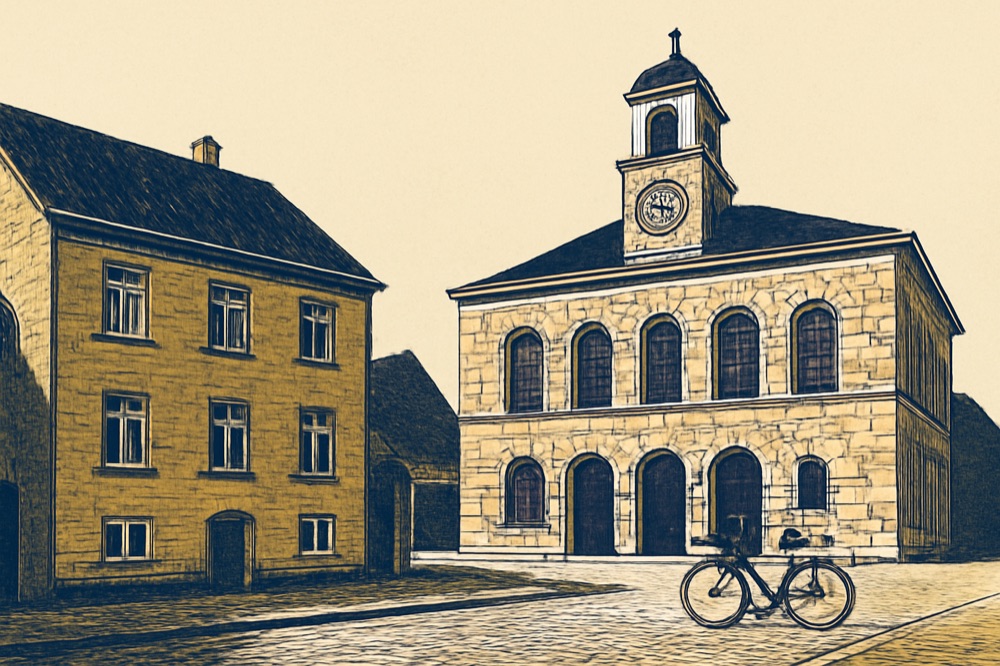 Two‑colour architectural view of a town hall and adjacent three‑storey residential building on a cobbled German street.