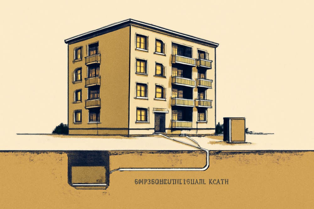 Zweifarbige Bauplan‑Illustration eines Mehrfamilienhauses mit unterirdischem Kabelgraben und Trafostation