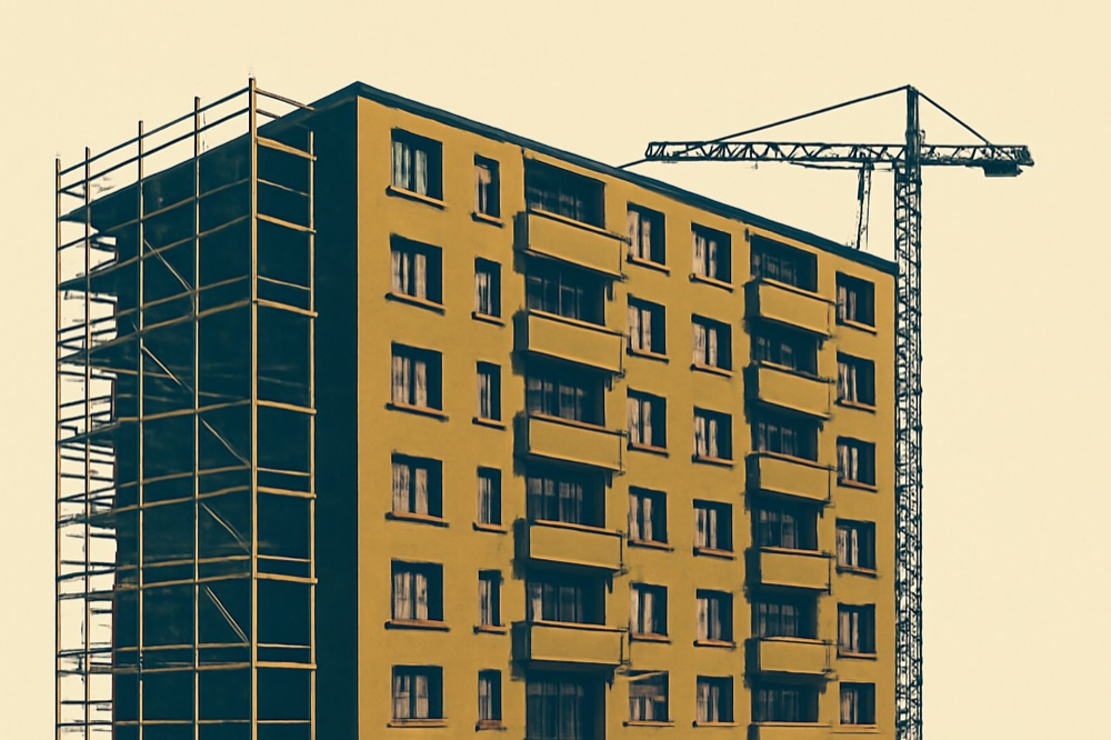 Mid-rise apartment block under scaffolding and crane (architectural two-colour illustration).