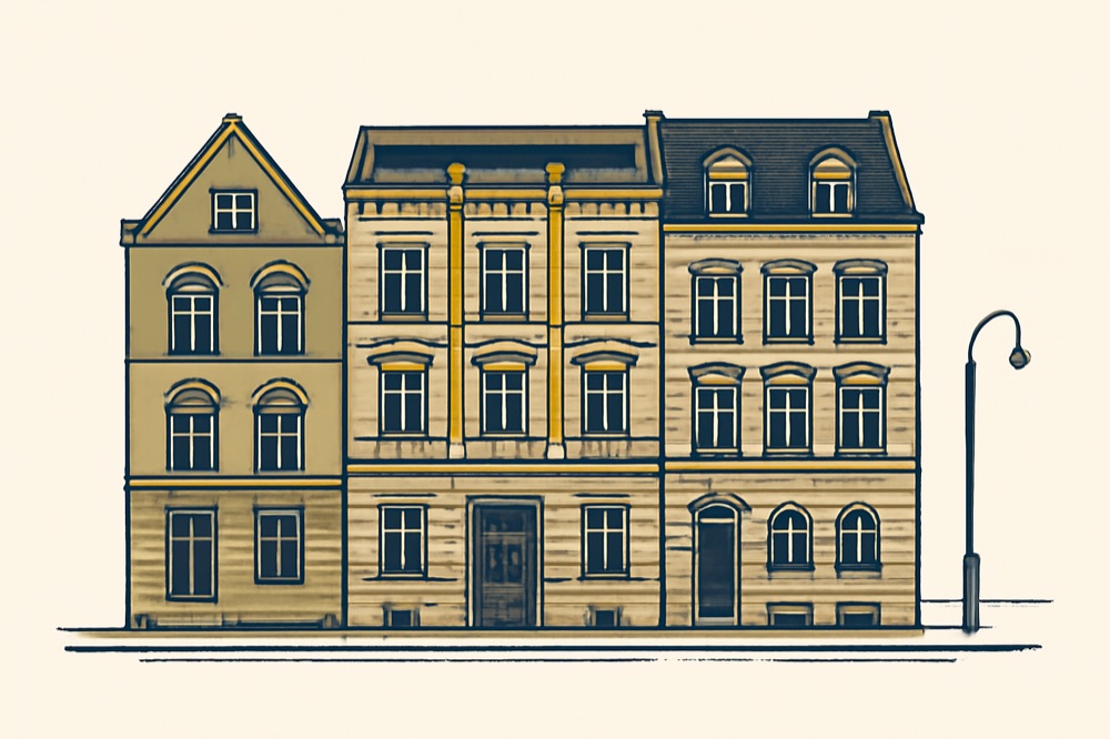 Zweifarbige Architekturillustration einer Reihe deutscher Stadthäuser mit Notariats‑Eingang