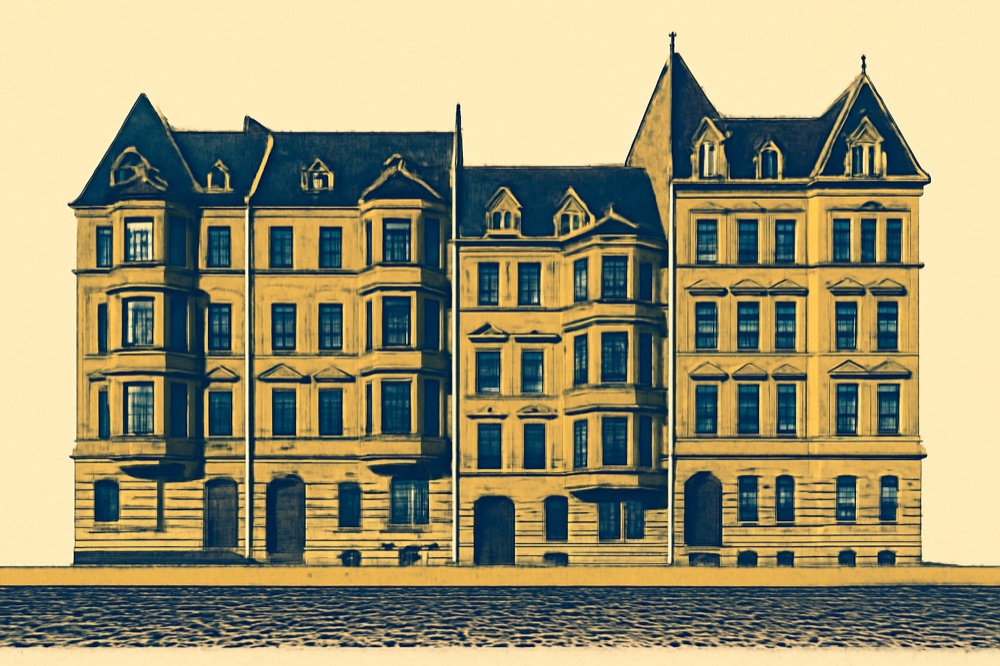 Zweifarbige Flachillustration einer Häuserzeile mit Mehrfamilienhäusern.