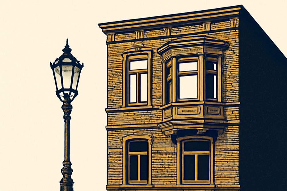 Two-colour line drawing of a red-brick Ruhr townhouse facade with bay window and cast-iron street lamp.
