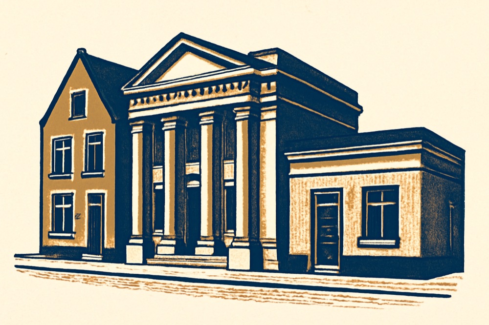 Two‑colour linocut of a German townhouse next to a bank and a notary office