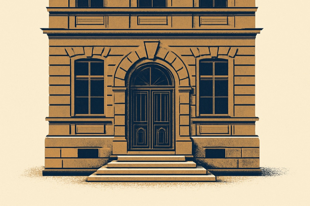 Two‑colour illustration of a historic municipal tax office façade with arched doorway