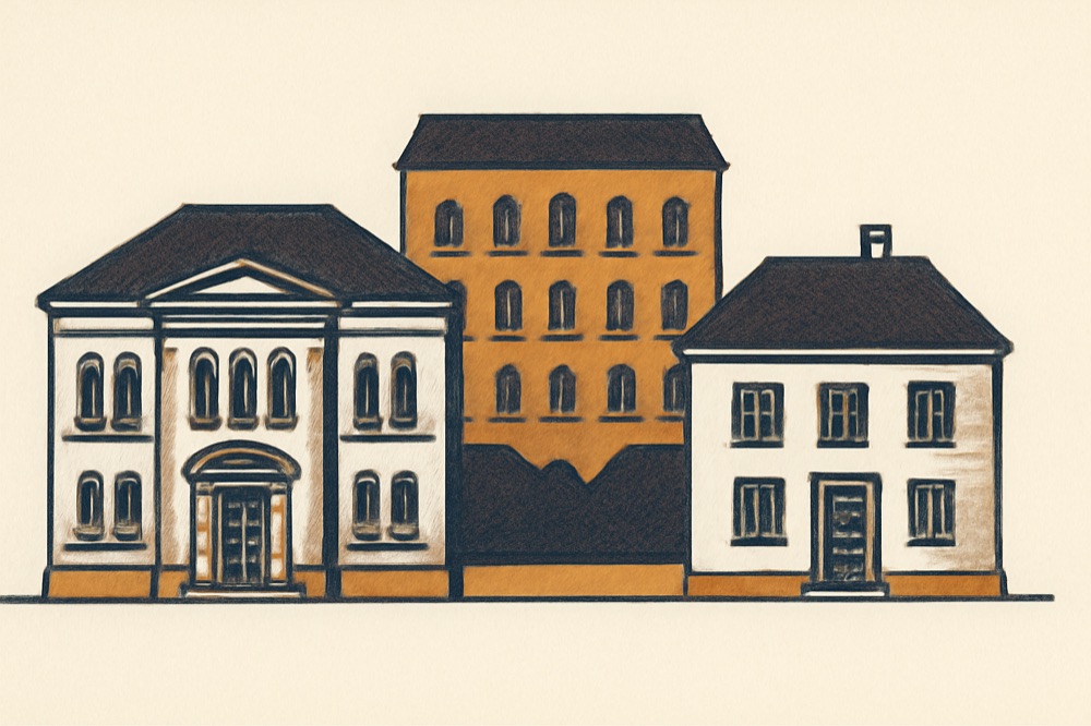 Two‑colour line drawing of a district court (Grundbuchamt) and a notary office with an apartment block behind