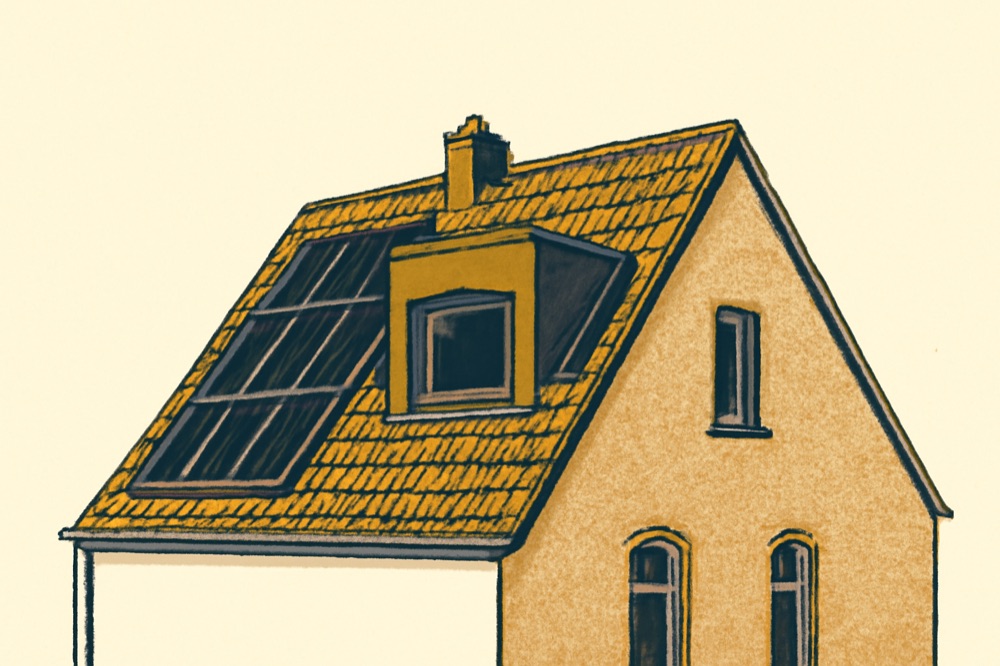 Cologne rowhouse roof with dormer and PV panels