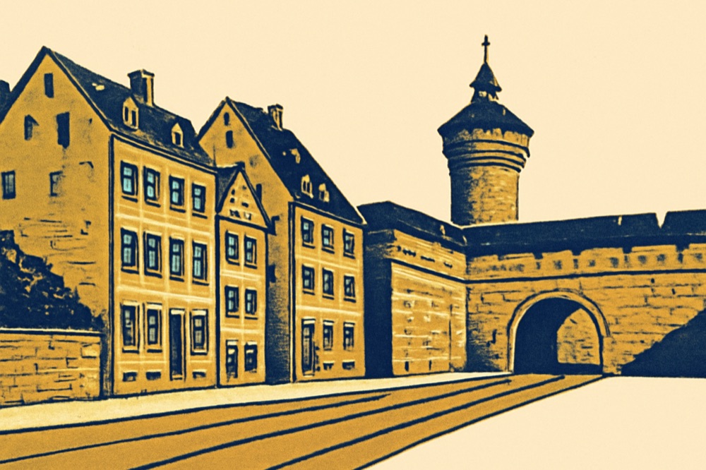 Sandstone facades and city wall in Nuremberg’s Altstadt with tram tracks