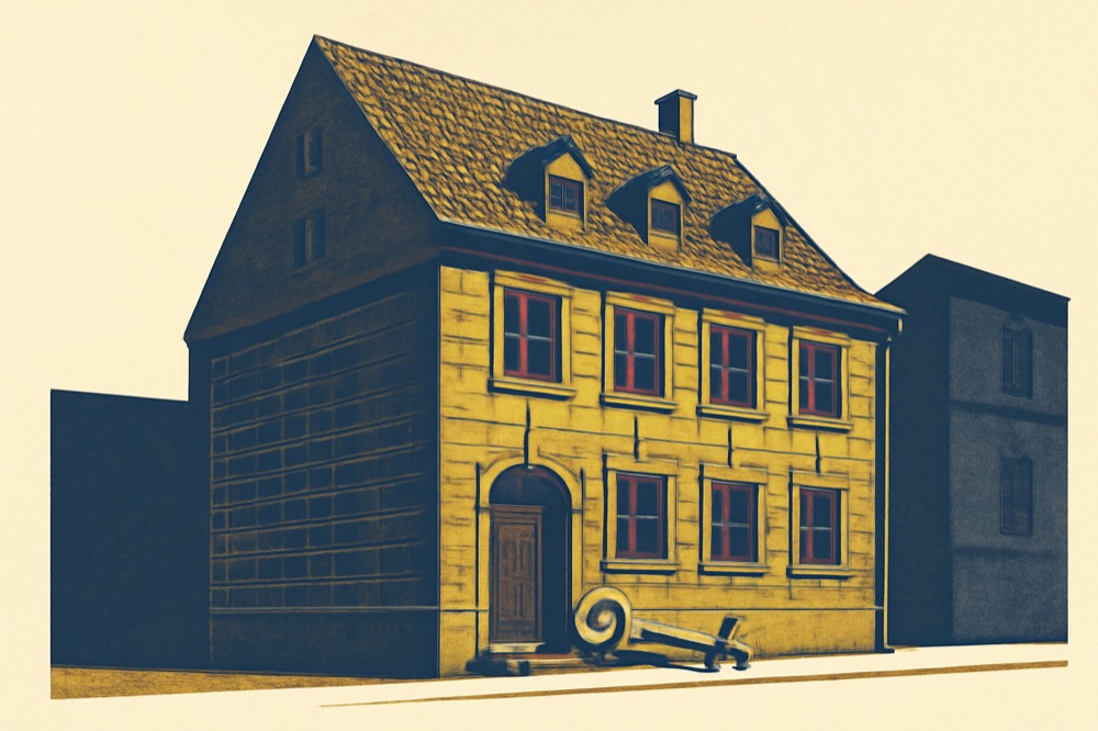 Sandstone townhouse in Nuremberg Old Town with key on doorstep, two-colour illustration.