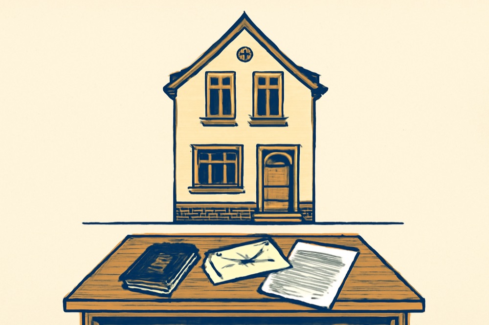 Zweifarbige Illustration eines deutschen Stadthauses mit Tisch, auf dem Pässe, Kontoauszüge und ein Apostillen‑Zertifikat liegen