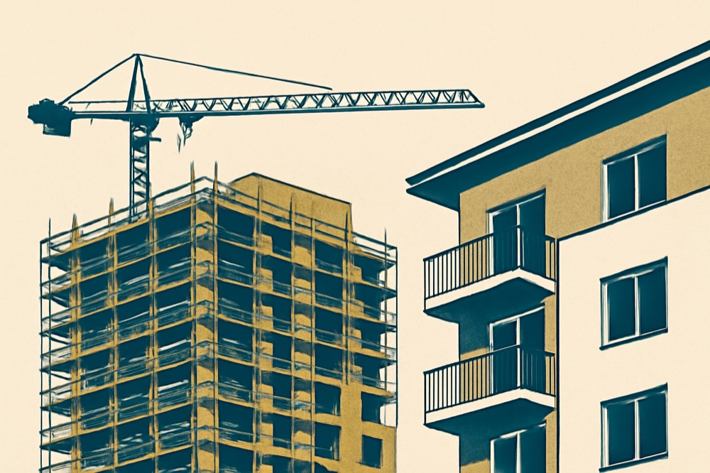 Two-colour architectural illustration of a mid-rise apartment building under construction with crane and scaffolding.