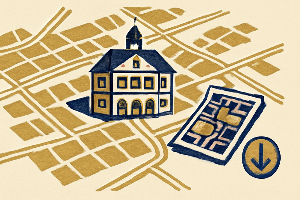 Two‑colour illustration of a town map with parcel grid and municipal building