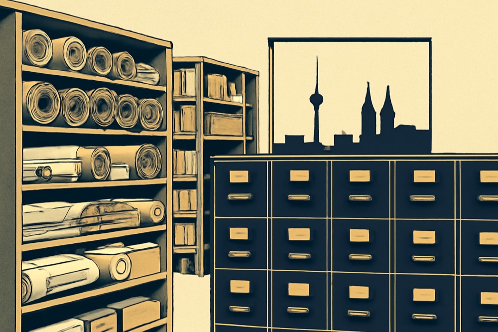 Archive shelving with rolled architectural plans and a skyline silhouette (TV tower, church towers, concert hall)
