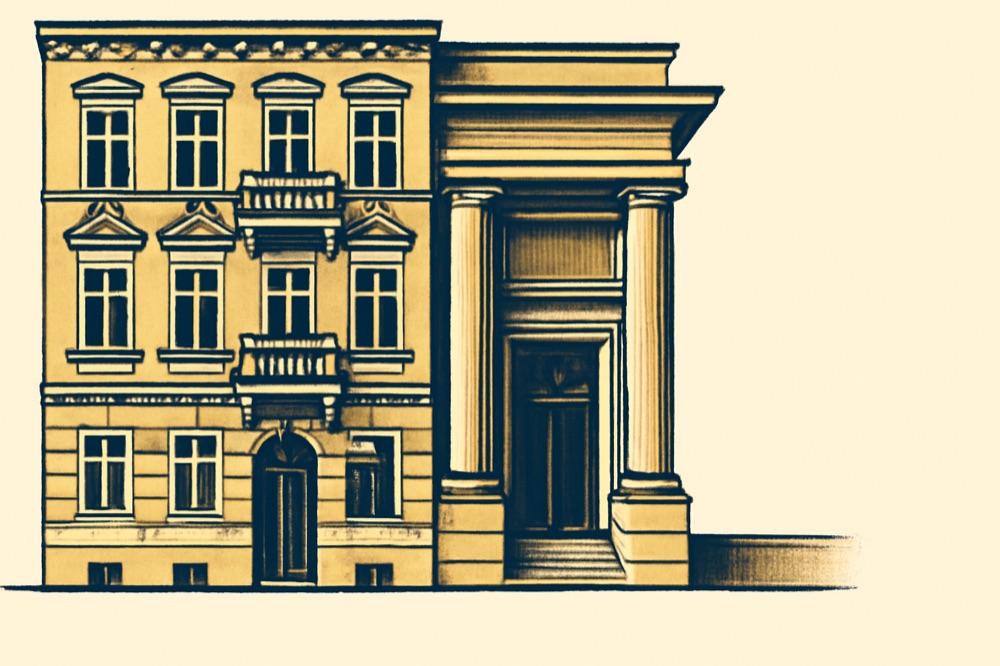 Two‑colour illustration of a Berlin Gründerzeit apartment block beside a classical bank entrance