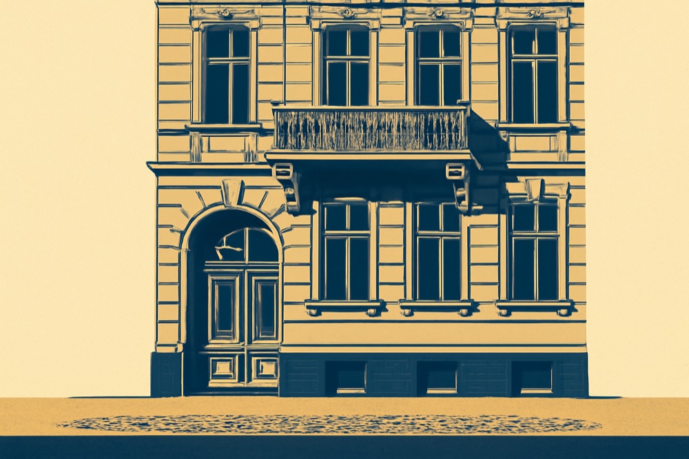 Two‑colour line illustration of a Berlin apartment building façade with balcony