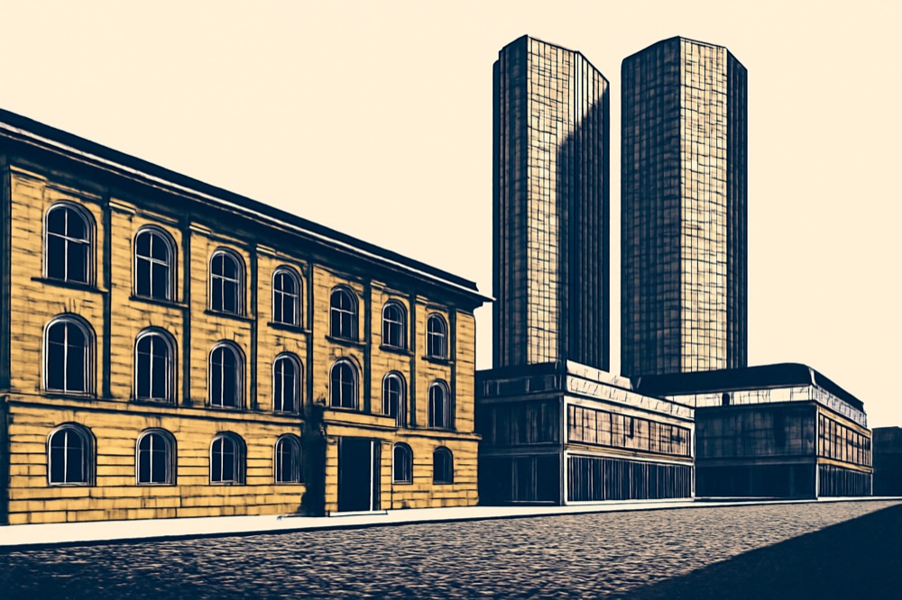 Zweifarbiges Gebäudeillustration: Frankfurter Bankhauptsitz und modernes Bürohochhaus.