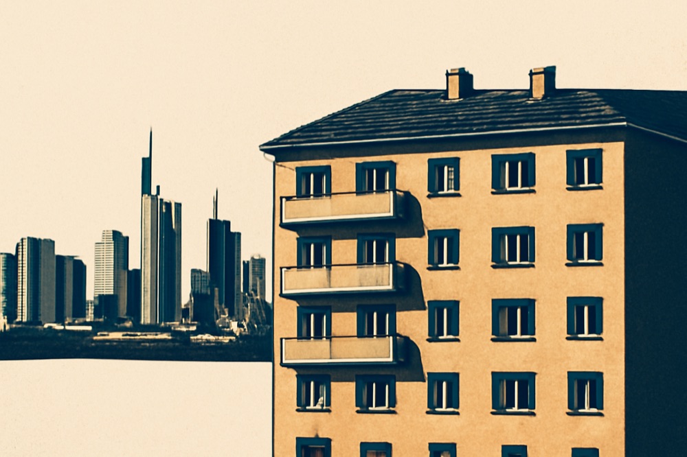 Two‑colour architectural illustration of a mid‑rise German apartment building with distant skyline