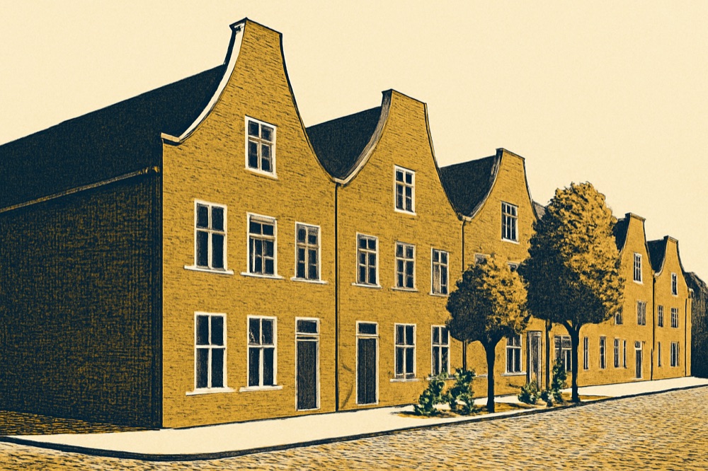 Red‑brick gabled rowhouses in Potsdam’s Dutch Quarter on a cobblestone corner