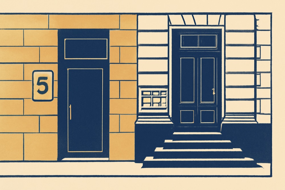Two-colour illustration of a German notary office and adjacent land-registry building
