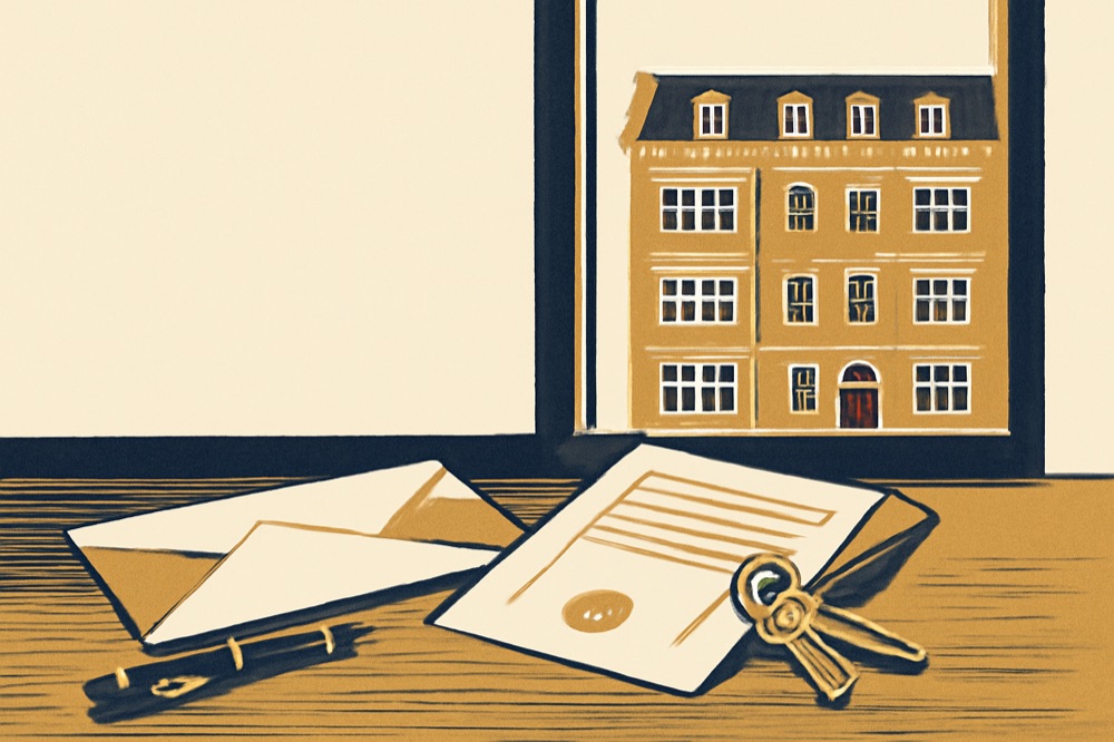 Schreibtisch mit Füllfeder, Umschlag und Urkunde vor der Fassade eines deutschen Mehrfamilienhauses (zwei‑farbige Illustration)