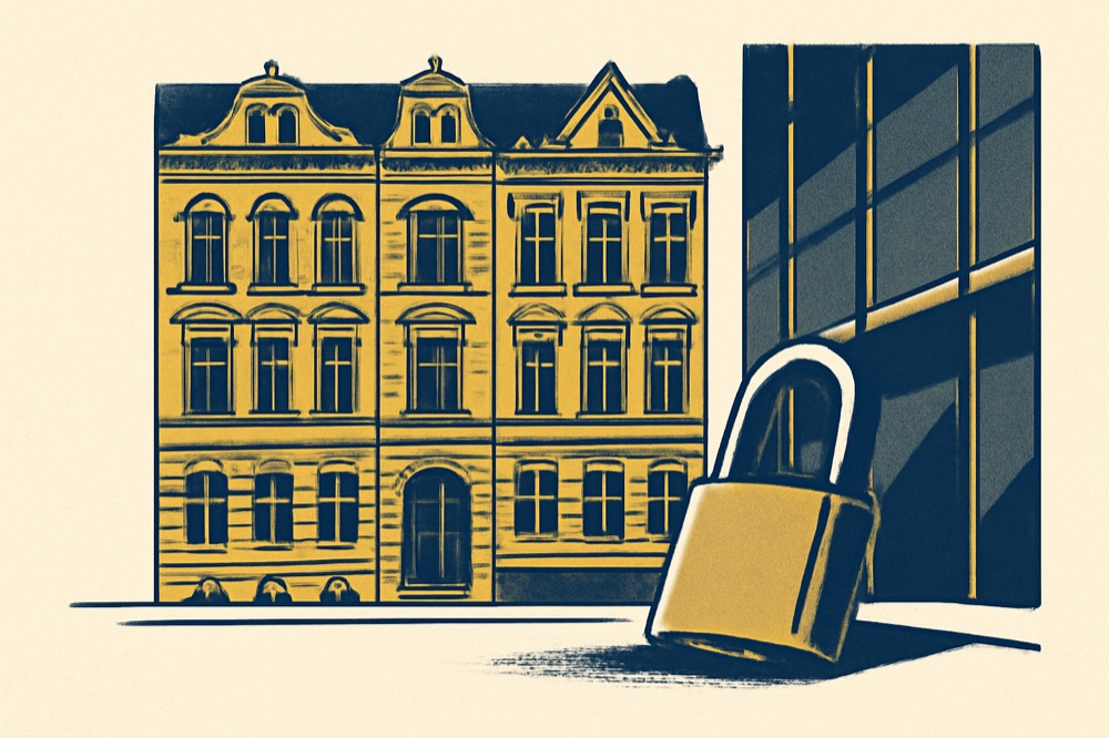 Zweifarbige Illustration von Stadthäusern neben einer modernen Bank mit einem Vorhängeschloss an der Haustür