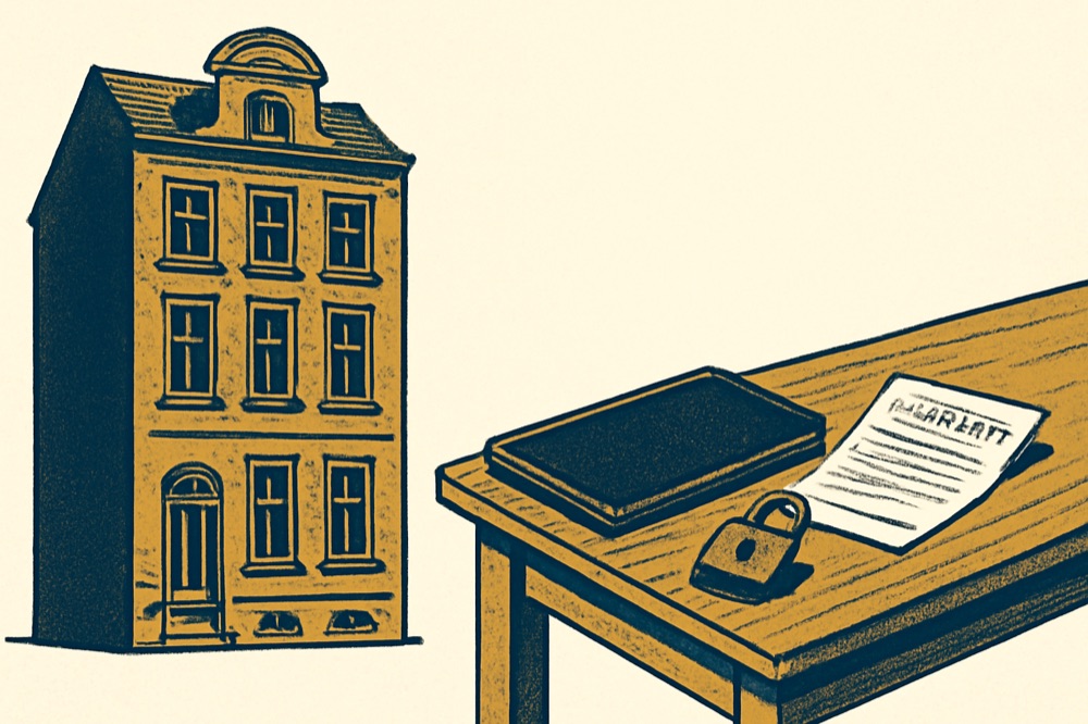 Two‑colour illustration of a German townhouse next to a wooden desk with a closed folder, padlock and title deed