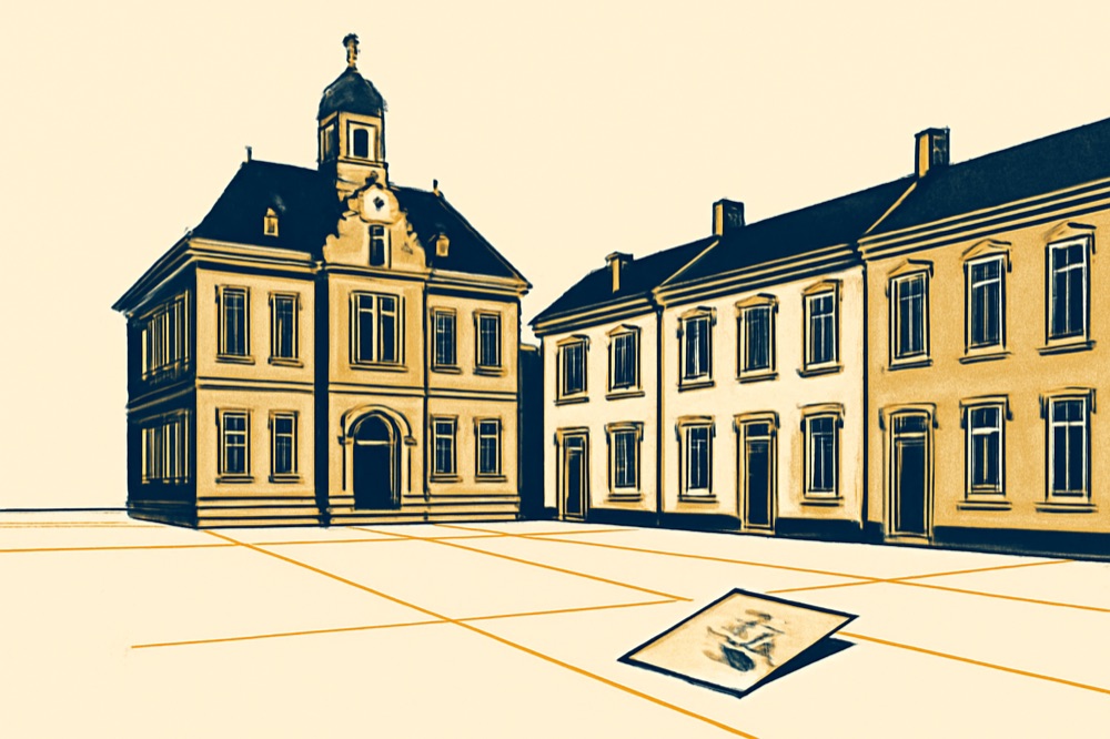 Two‑colour line illustration of a town hall and adjacent residential parcels with an official stamped document on the street