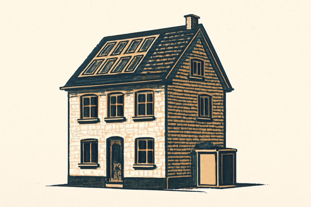 Teal-and-charcoal architectural illustration of a German townhouse with rooftop solar panels and a small battery housing at ground level.
