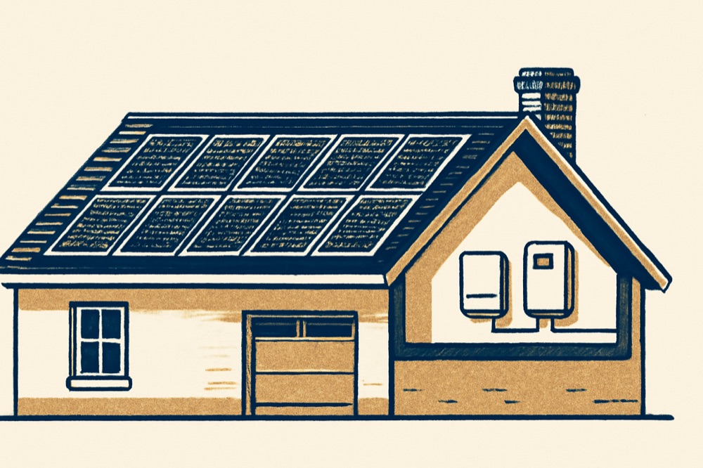 Pitched house roof with rooftop solar panels and a cutaway attic showing a battery and inverter, two‑colour illustration.