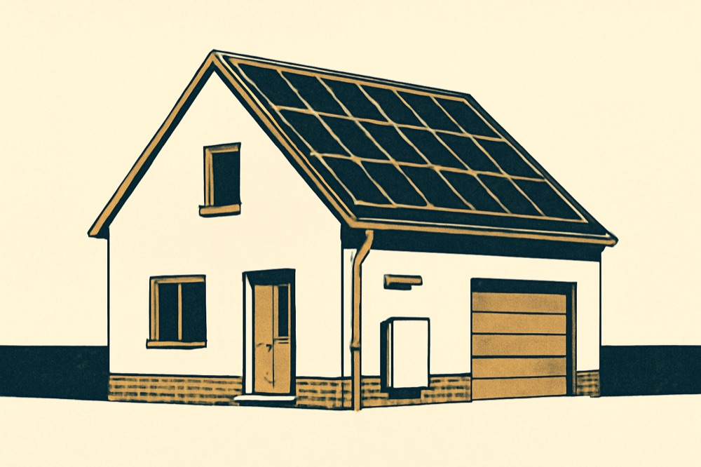 House with rooftop solar panels and a battery cabinet mounted on the garage wall