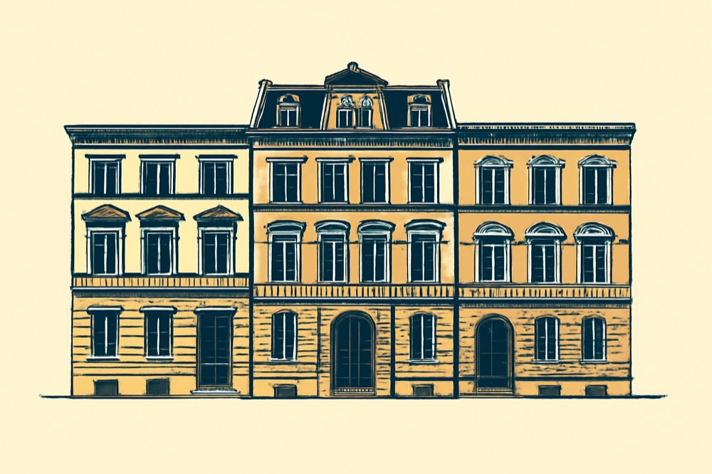 Illustration of three Gründerzeit townhouses in two colours (deep blue and ochre)