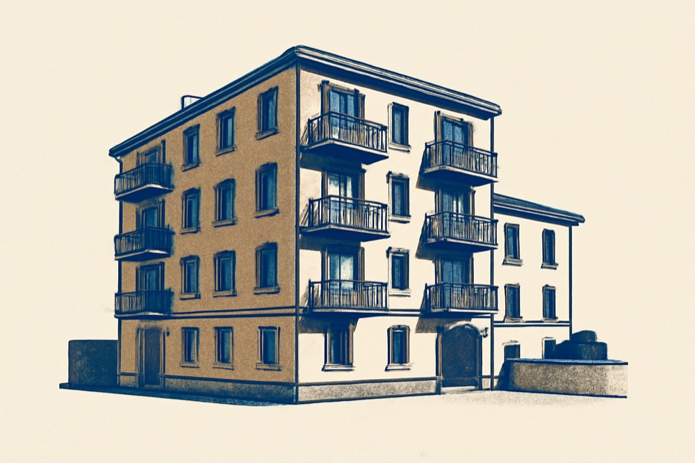 Two‑colour architectural drawing of a mid‑rise apartment block with balconies and courtyard