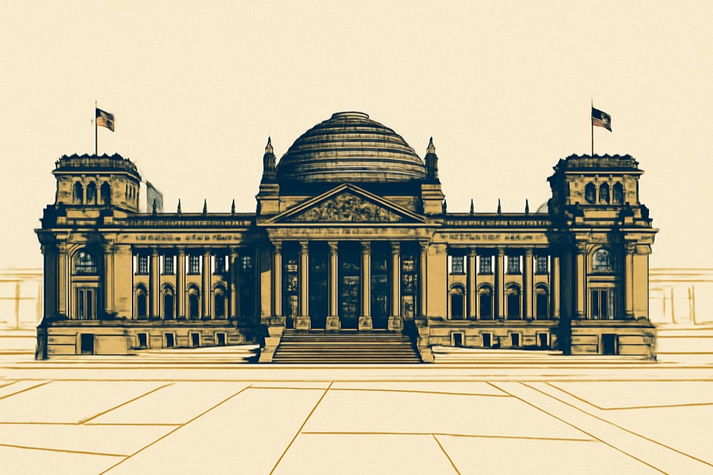 Reichstagsgebfde in Berlin mit stilisierten Liegenschaftskataster-Linien