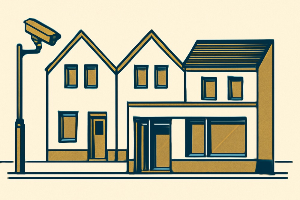 Row of German townhouses with a notary office and a stylised video camera on a lamppost, two‑colour illustration