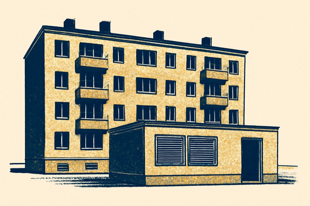 Two‑colour linocut of a German apartment block with rooftop chimneys and district heating substation.