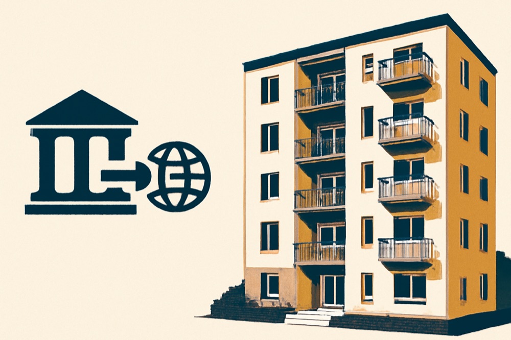 Illustration eines Wohngebäudes mit stilisiertem Banküberweisungs-Symbol