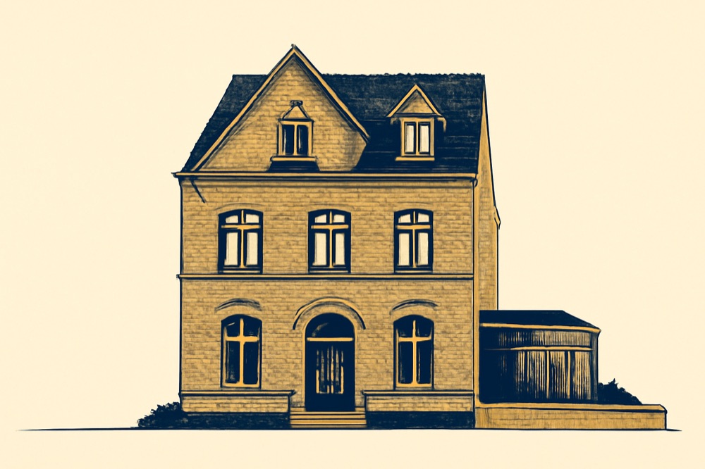 Kieler Stadthaus mit Gauben und kleinem gläsernem Anbau, zweifarbige Architekturillustration.