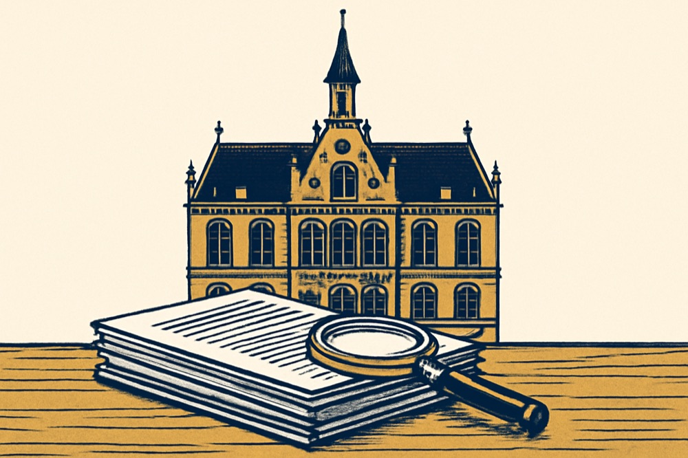 Two-colour illustration: town hall facade, stack of documents and magnifying glass on a table