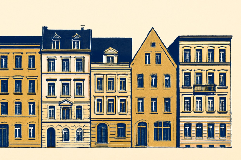 Two‑colour line illustration of five adjacent European apartment buildings