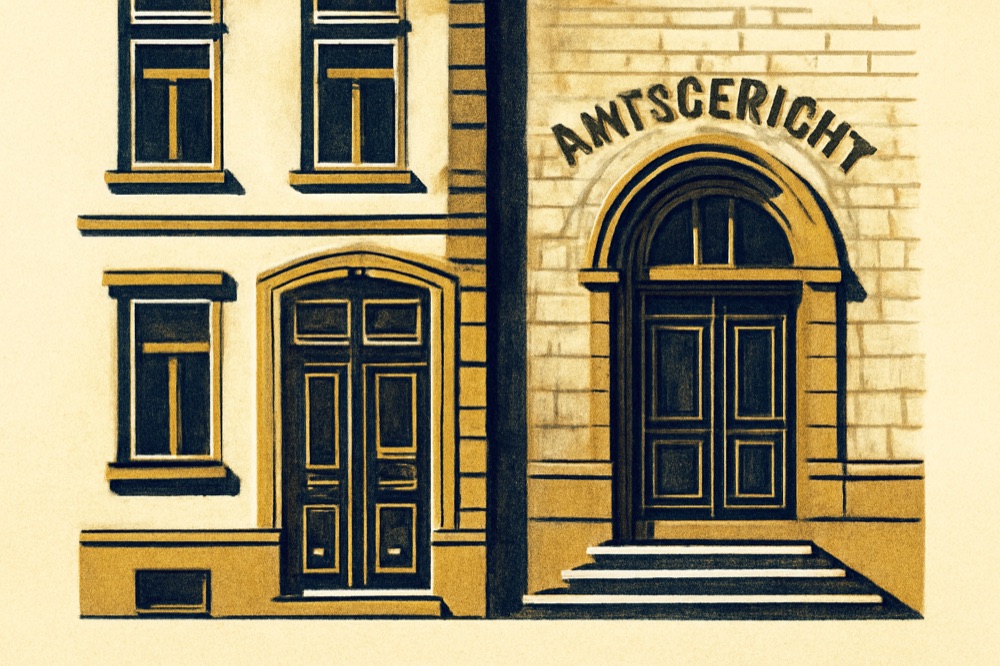 Illustration of a German townhouse facade beside an Amtsgericht entrance in two-colour linocut style