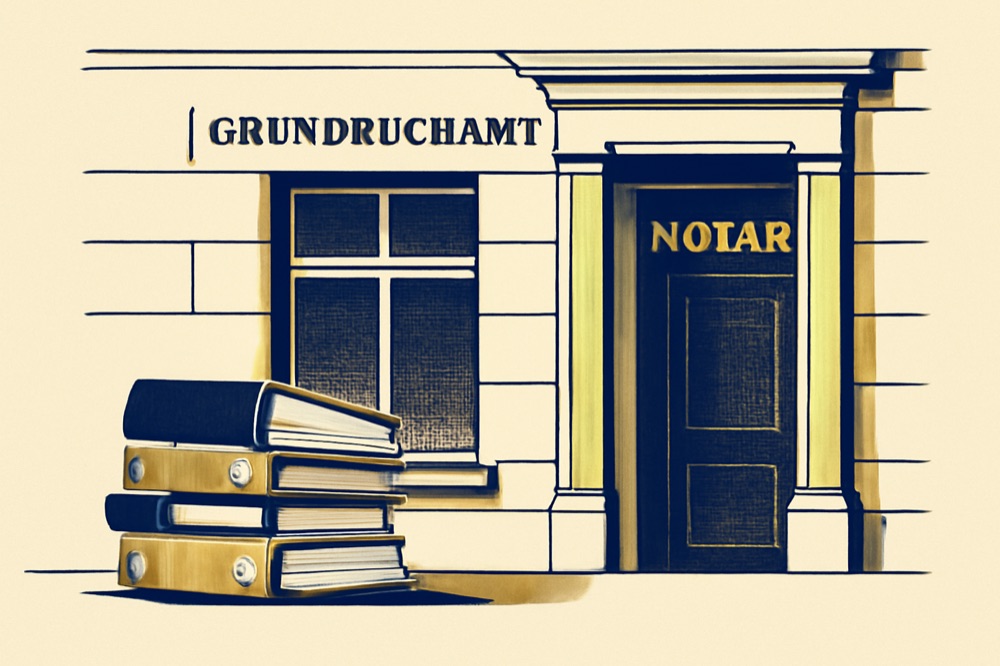 Architekturillustration eines Grundbuchamtsgebäudes mit Notariats-Eingang und Aktenstapel im Vordergrund.