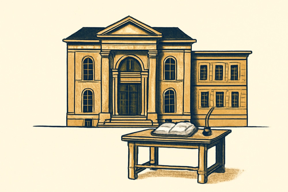 Two‑colour illustration of a German district court façade, adjacent bank building and a notary's desk.