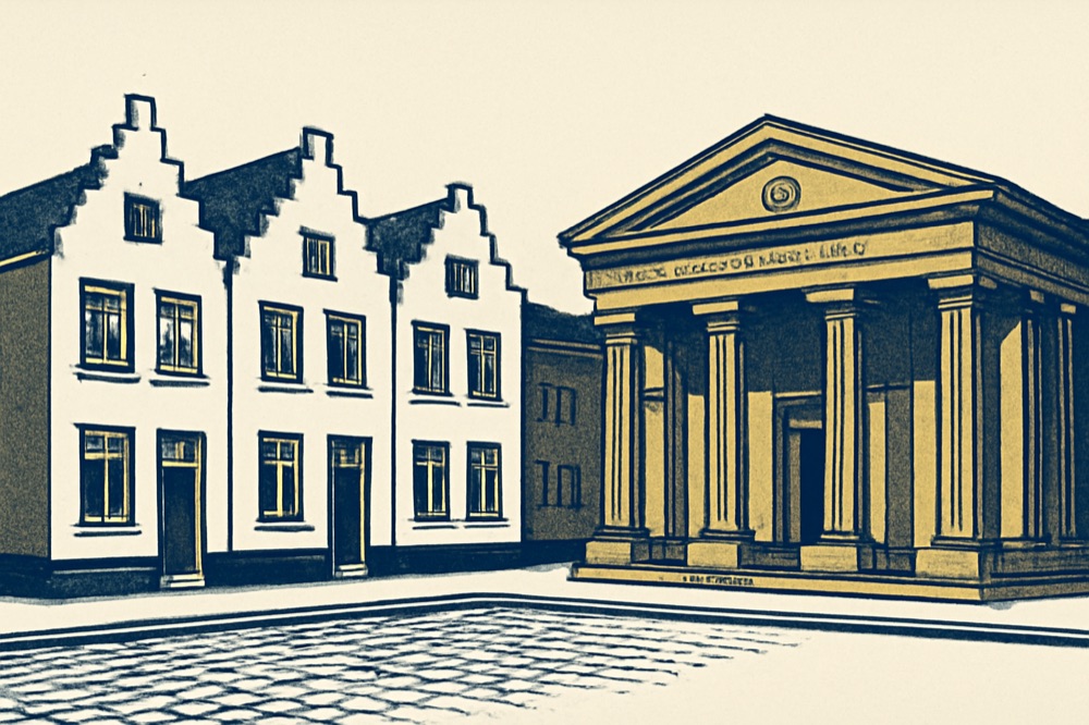 Zweifarbige Architekturzeichnung: drei Stadthäuser und ein Bankgebäude