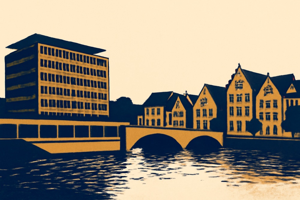 Frankfurter Flussufer mit Bürogebäude und deutschen Stadthäusern, stilisierte Zweifarben‑Illustration