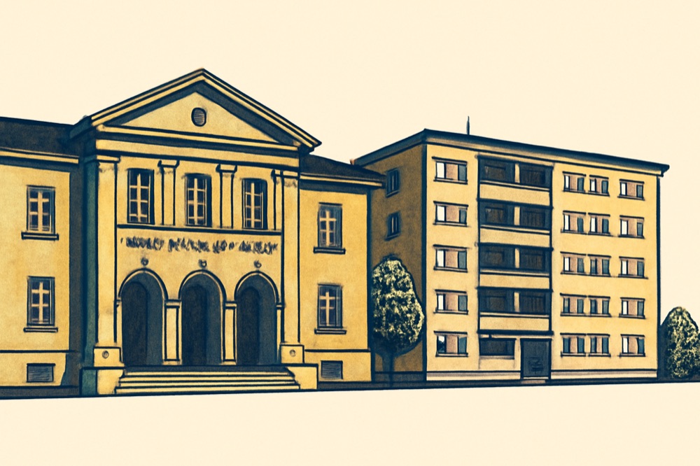 Line illustration of a German Amtsgericht façade beside a mid‑rise residential block
